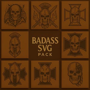 Badass Skull & Spartan Svg and Pdf Bundle – 18 Unique Designs - Engraving and Leathercraft - Vintage Tooling Designs for Laser and Stamping