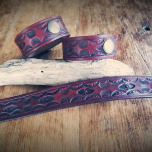 Heavy Leather Cuff Bracelet 1" Wide Full Grain Hand Tooled With a Vintage Western design by 3CrowsLeatherworks
