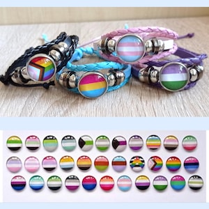 Pride Flags LGBTQ+ leather bracelets genderqueer transgender bisexual non-binary aroace 34 different flags black rose blue purple