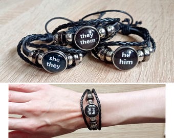 pronouns bracelets black leather they/them she/her he/him he/they she/they ze/zir xe/xem ze/hir pride lgbtq+ jewelry bracelet