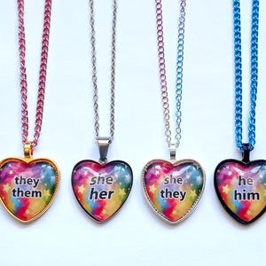 Pronouns Pride Queer rainbow LGBTQ heart necklaces choker stainless steel chain they/them she/her he/him xe/xem she/they he/they ze/zir