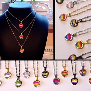 Pride Flags heart S LGBTQ+ stainless steel Necklaces 34 different flags jewelry gold rhodium black