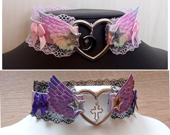 choker lace pastel goth leather angel wings stars holo pink heart choker fashion necklace collar