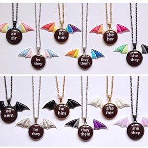 Pronouns Pride Queer LGBTQ bat wings necklaces choker stainless steel chain they/them she/her he/him xe/xem she/they he/they ze/zir