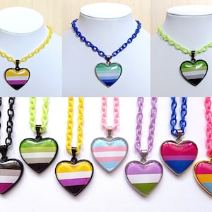 Pride Flags heart L LGBTQ+ Necklaces 34 different flags glass jewelry