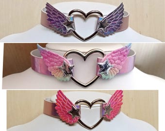 pastel goth choker rainbow holo pink/black angel wings heart choker fashion choker magical girl choker