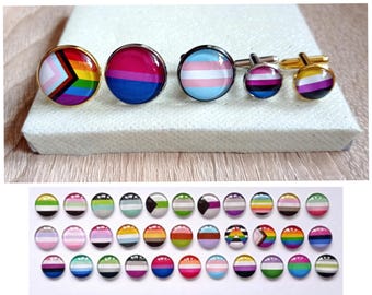 Könnte beinhalten: Eine Sammlung runder Manschettenknöpfe und Anstecknadeln mit verschiedenen Pride-Flaggen-Designs. Das Set enthält Motive mit der Progress-Pride-, Bisexuellen-, Transgender- und Nicht-binären-Flagge, gefasst in goldene und silberne Metallfassungen.