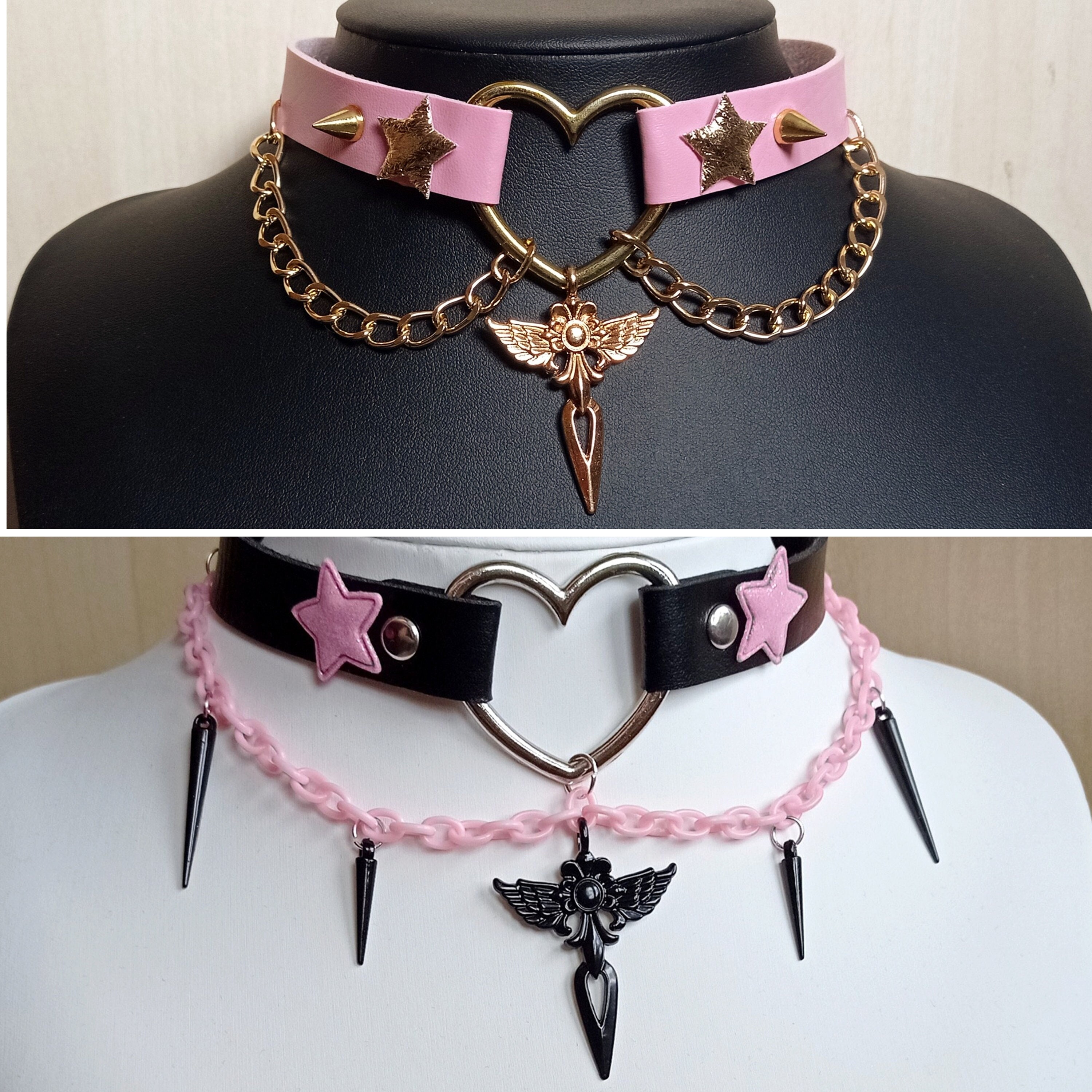 Pastel Goth Choker Leather Heart Pastel Pink Black Gold With