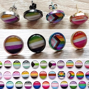 Könnte beinhalten: Eine Sammlung runder Ohrstecker mit verschiedenen Pride-Flaggen-Designs unter einem Glaskabochon. Die Ohrringe sind in silberne, schwarze, irisierende und goldene Metallfassungen gefasst und werden sowohl als einzelne Paare als auch als Set präsentiert.