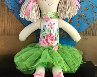 Ballerina Doll, 45cm tall, roses with green tulle tutu, pink satin embellishments by Kruzi Kidz. Free delivery only in Australia