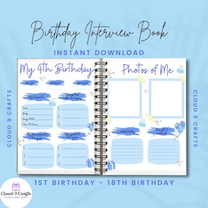 May include: A blue and white printable birthday interview book for a 4th birthday. The book has sections for favourite things, achievements, goals, and photos. It includes the text "My 4th Birthday" and "Photos of Me".