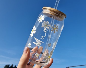 Personalized Daisy Glass Can Tumbler with Bamboo Lid & Straw