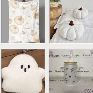 May include: A collection of seasonal items including a white throw blanket with a tan pumpkin pattern, two white plush pumpkin-shaped pillows, a white plush ghost-shaped keychain, and a frosted glass tumbler with a ghost and flower print.