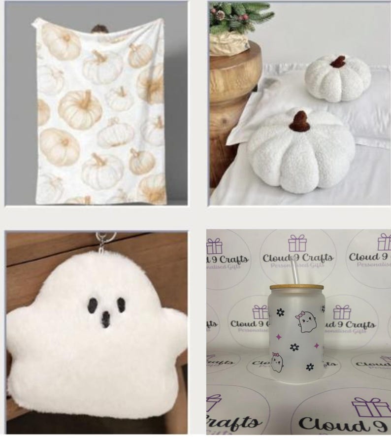 May include: A collection of seasonal items including a white throw blanket with a tan pumpkin pattern, two white plush pumpkin-shaped pillows, a white plush ghost-shaped keychain, and a frosted glass tumbler with a ghost and flower print.