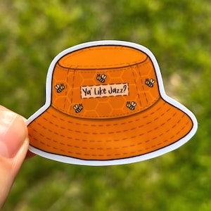 Kapelusz Bee Bucket Hat | Lubisz jazz? | Naklejka estetyczna | Żółty kapelusz | Naklejka na komputer | Odporny na warunki atmosferyczne
