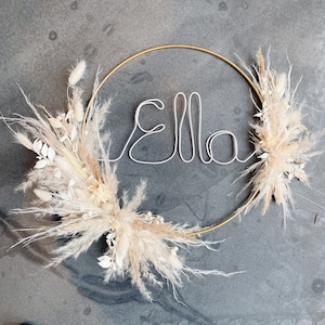 Customisable Flower Wreath 30cm, Gold ring with dried flowers with name, Dried flower wreath, Window wreath, Wall Decoration, White Flowers