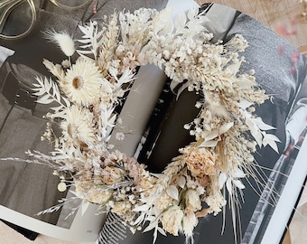 Couronne de fleurs Esther, 20x20 cm, Fleur séchée blanche, Couronne de fleurs séchées, Couronne de fenêtre, Décoration murale, Fleurs d’été séchées, Couronne d’automne