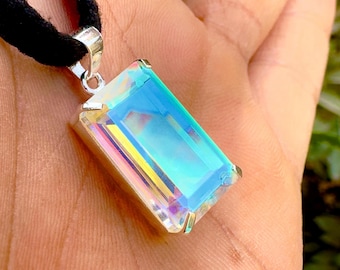 Wisiorek z kwarcu Angel Aura, wisiorek ze srebra próby 925, ośmiokątny wisiorek z kwarcu Angel Aura, ręcznie robiony wisiorek, designerski wisiorek, do noszenia na co dzień