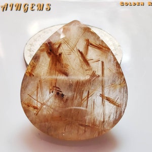 Golden Rutile Faceted Pear shape Gemstone, Rutile faceted quartz for making jewelry • 59 cts, size - 28×33mm Height 12mm
