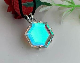 Wisiorek z kwarcu Angel Aura, wisiorek ze srebra próby 925, sześciokątny wisiorek z kwarcu Angel Aura, ręcznie robiony wisiorek, designerski wisiorek, do noszenia na co dzień