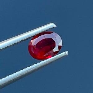 May include: A deep red oval-shaped gemstone held by tweezers against a blue background.
