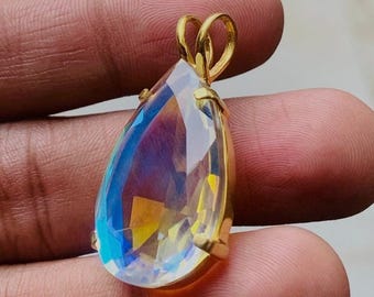 Angel Aura Quartz Pendant, Angel Aura Gold Pendant, Handmade Silver Pendant, Teardrop Angel Aura Quartz Designer Pendant