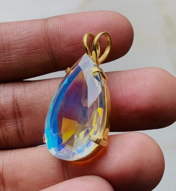 Angel Aura Quartz Pendant, Angel Aura Gold Pendant, Handmade Silver Pendant, Teardrop Angel Aura Quartz Designer Pendant