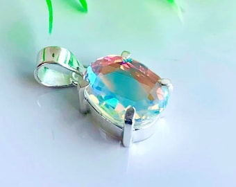 Angel Aura Quartz Pendant, 925 Sterling Silver Pendant, Oval Shape Angel Aura Quartz, Handmade Pendant, Designer Pendant, Daily Wear
