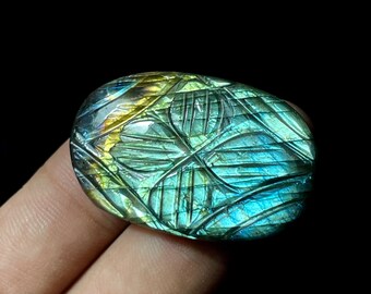 LABRADORITE CARVING Top Grade Quality 100% Natural Gemstone Fire Labradorite Carving Cabochon cushion 68cts Cts. 24x37mm For Making Jewelry