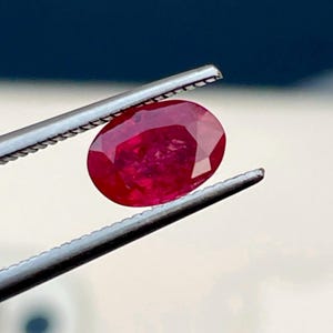 May include: A deep red, oval-cut ruby gemstone held by silver tweezers. The ruby's facets reflect light, showcasing its clarity. The tweezers are in sharp focus, highlighting the gemstone. The background is a soft gradient of white and blue.
