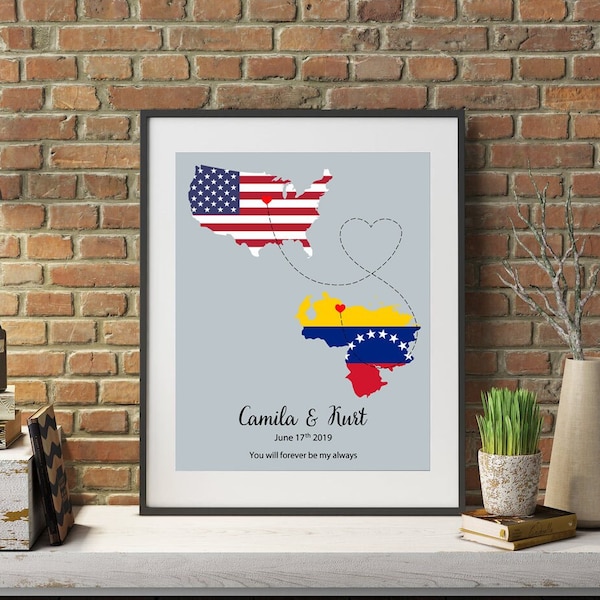 Custom Home Living International Love Long Distance Love Relationship Gift Country Map Venezuela & America