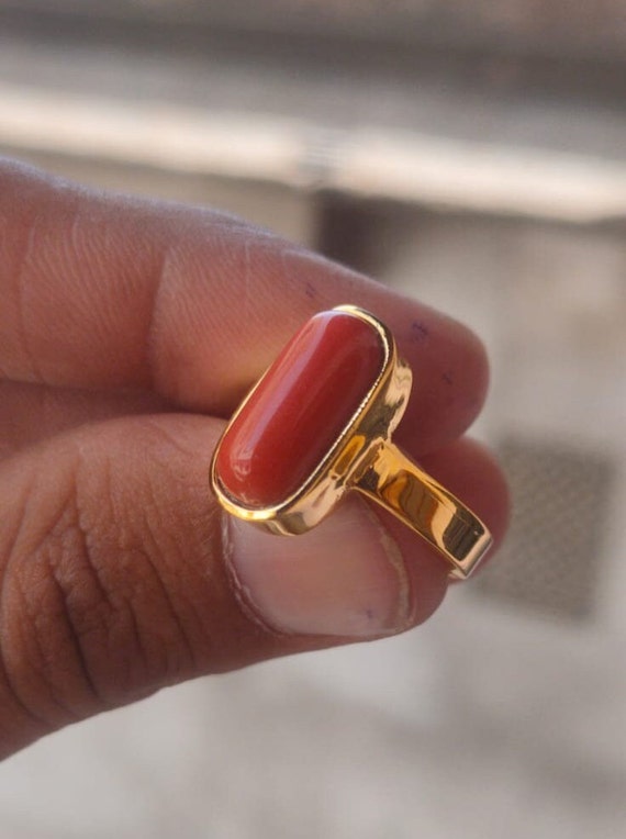 8.25 Ratti Natural Tringal MOONGA (Coral) Ring ( Original Red Coral Stone  Ring) For Men & Women