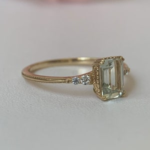 Natural Green Amethyst Ring, Emerald Cut Green Amethyst Engagement Ring, 8x10 mm February Birthstone Ring, 14K Gold Palleted RingBirthstone