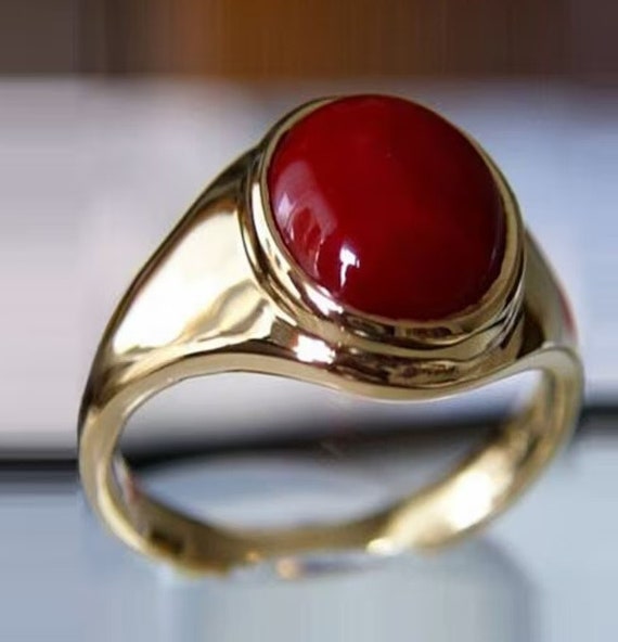 14 Karat Yellow Ring Featuring Center Oval Coral Stone - Marthaler Jewelers  Asheville NC