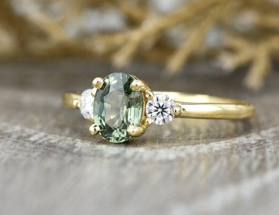 Green Sapphire Engagement Ring, 14K / 18k Yellow Gold, Light Green Sapphire,  Greenish Sapphire Ring, Olive Sapphire, Teal Sapphire Ring - Etsy Norway