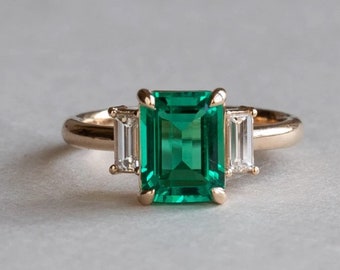 Certified Natural Emerald Ring 925 Sterling Silver Gold Filed Ring Emerald Gemstone Ring Wedding & Engagement Ring Woman May Birthstone Gift