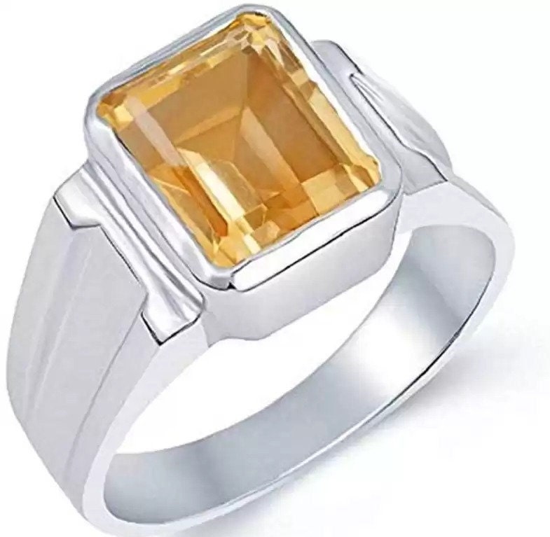 8.25 Ratti Natural Yellow Sapphire Pukhraj Guru Graha Rashi Ratan Silver Astrological Certified Gemstone Ring for Men and WomenPromise Gift