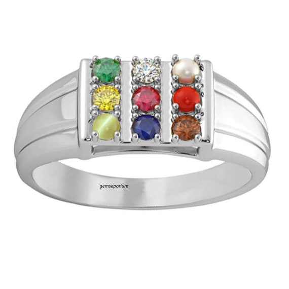 6.2g, Handmade Natural Navratna Ring 925 Sterling Silver Ring, 9 gemstone  ring