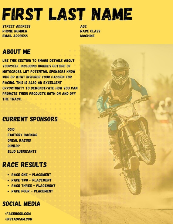 Currículum de patrocinio de motocross: limpio, simple y personalizado (PDF  editable)
