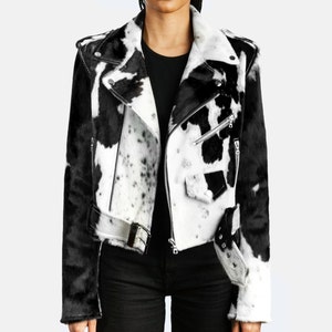 Kundenspezifische Rindsleder-Lederjacke für Damen | Hair On Hide Cowgirl personalisierte Biker Lederjacken perfektes Geschenk für sie | Rindsleder Damen Mantel