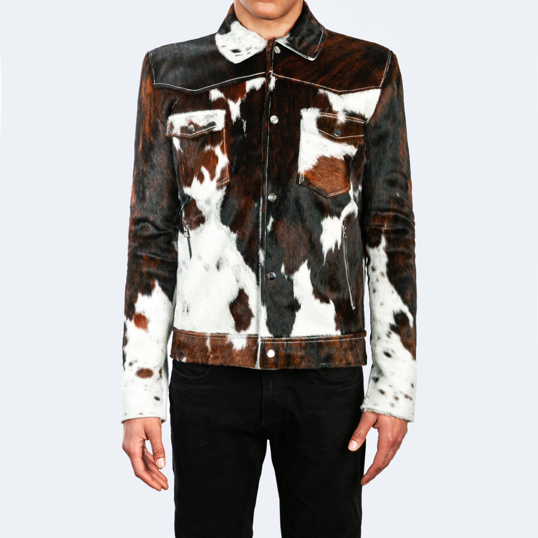 Custom Cowhide Denim Leather Jacket for Mens | Hair on Hide Cow 