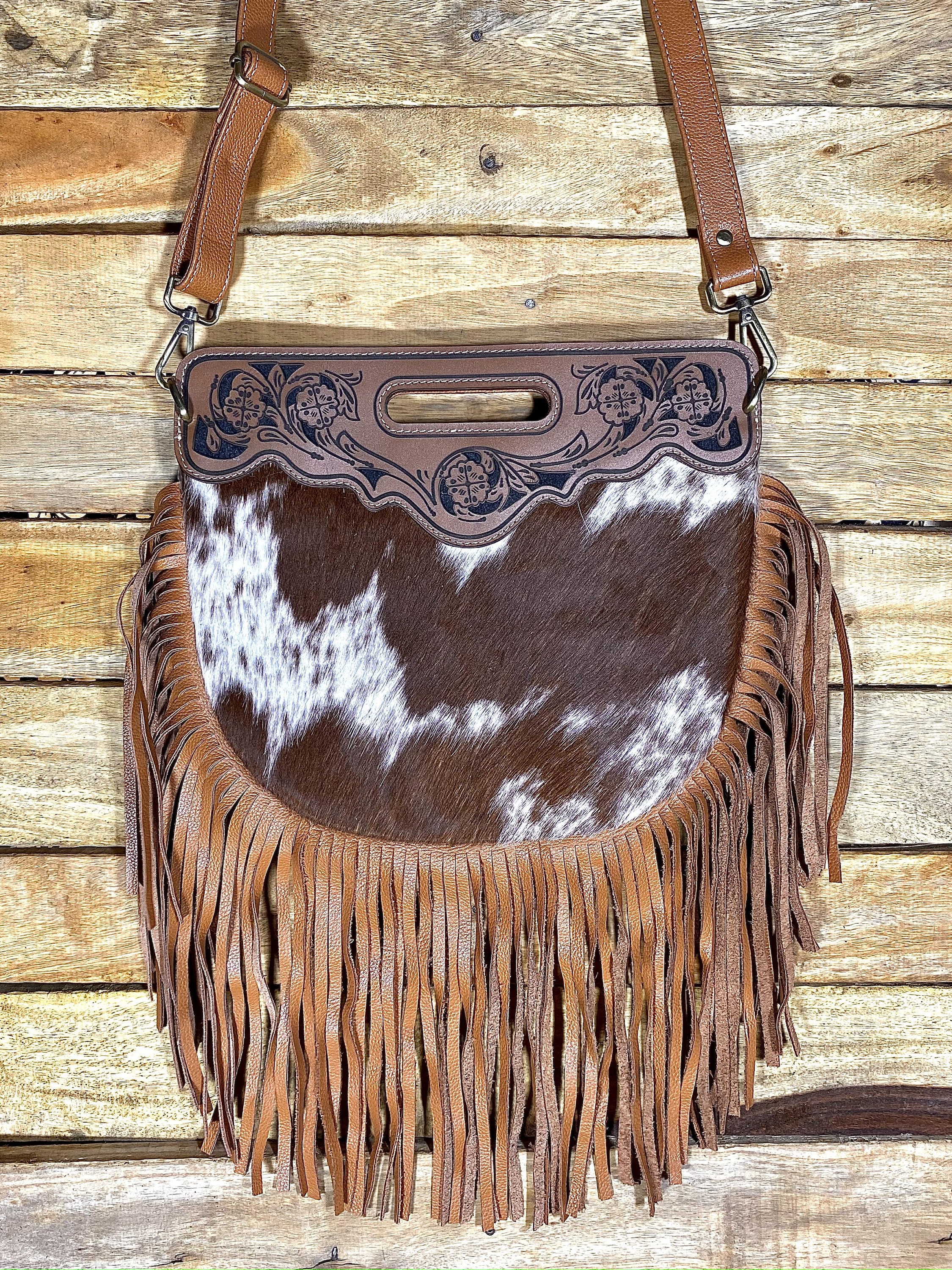 Up-Cycled Designer Deer Hide Tooled Fringe Tote