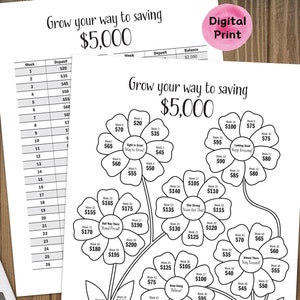 52 Week Savings Challenge - Grow Your Way To Saving 5K Flower Tracker, Digital Print