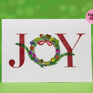 Carte de Noël Joy, Enveloppe DIY, Téléchargement numérique, Couronne d'aquarelle