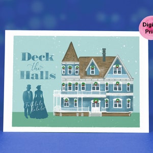Victoriaanse Kerstmis, wenskaart, Victoriaans huis, dek de hallen, Fa la la la la, afdrukbare kaart, DIY-envelop, kerstaquarel