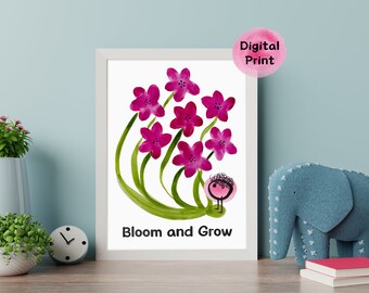 Bloom and Grow Pink Watercolor Flower Poster with Abstract Doodle People, Digital Print, Instant Download