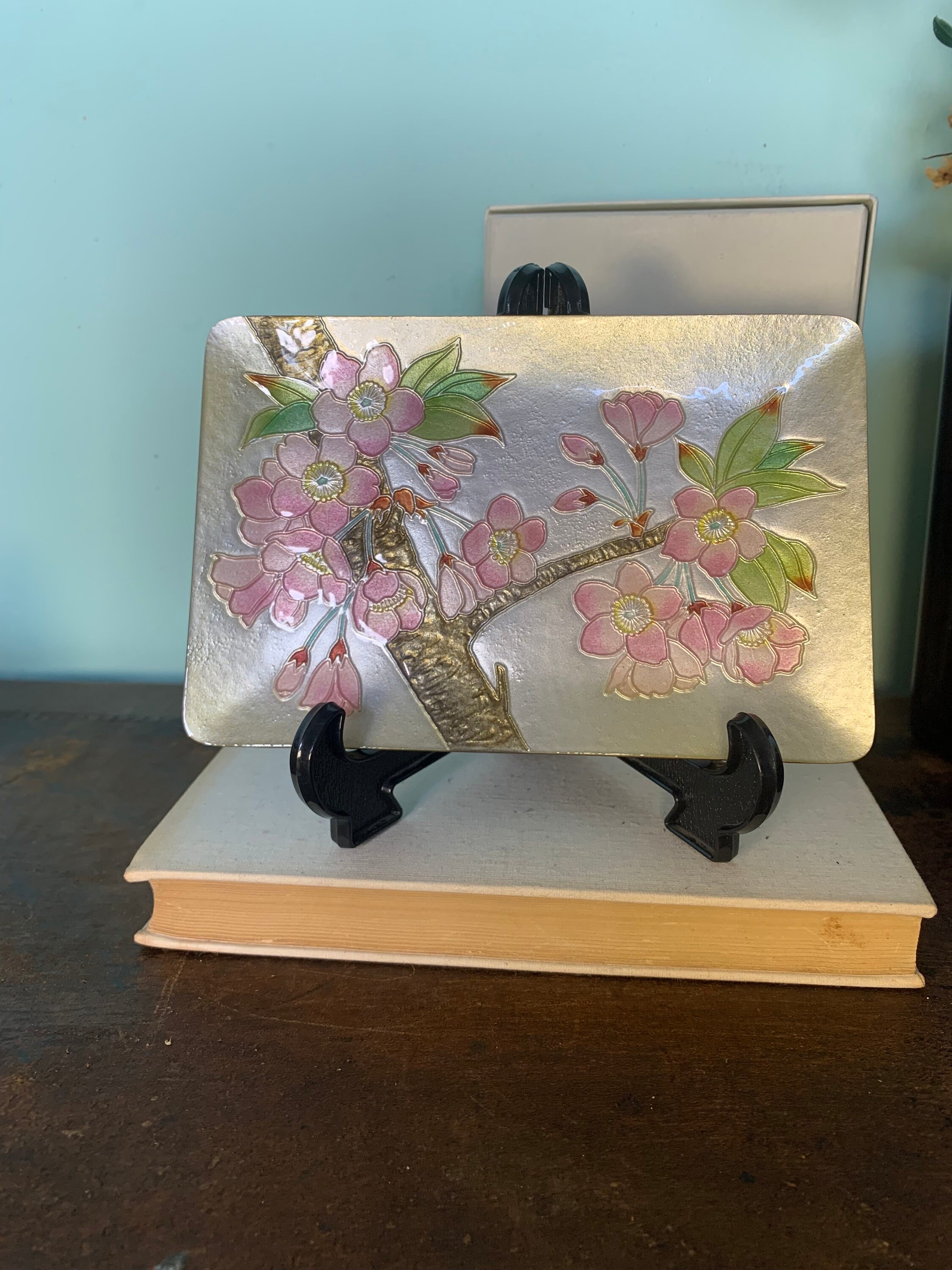 Japanese Ando Cloisonne Tray Cherry Blossoms Art Enamel on
