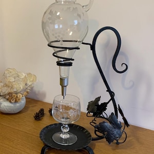 Vintage Hanging Wine Decanter Dispenser | Wine Dispenser Aerator In Wrought Iron Stand w/Etched Glass Decanter | Bar Decoration   C-1