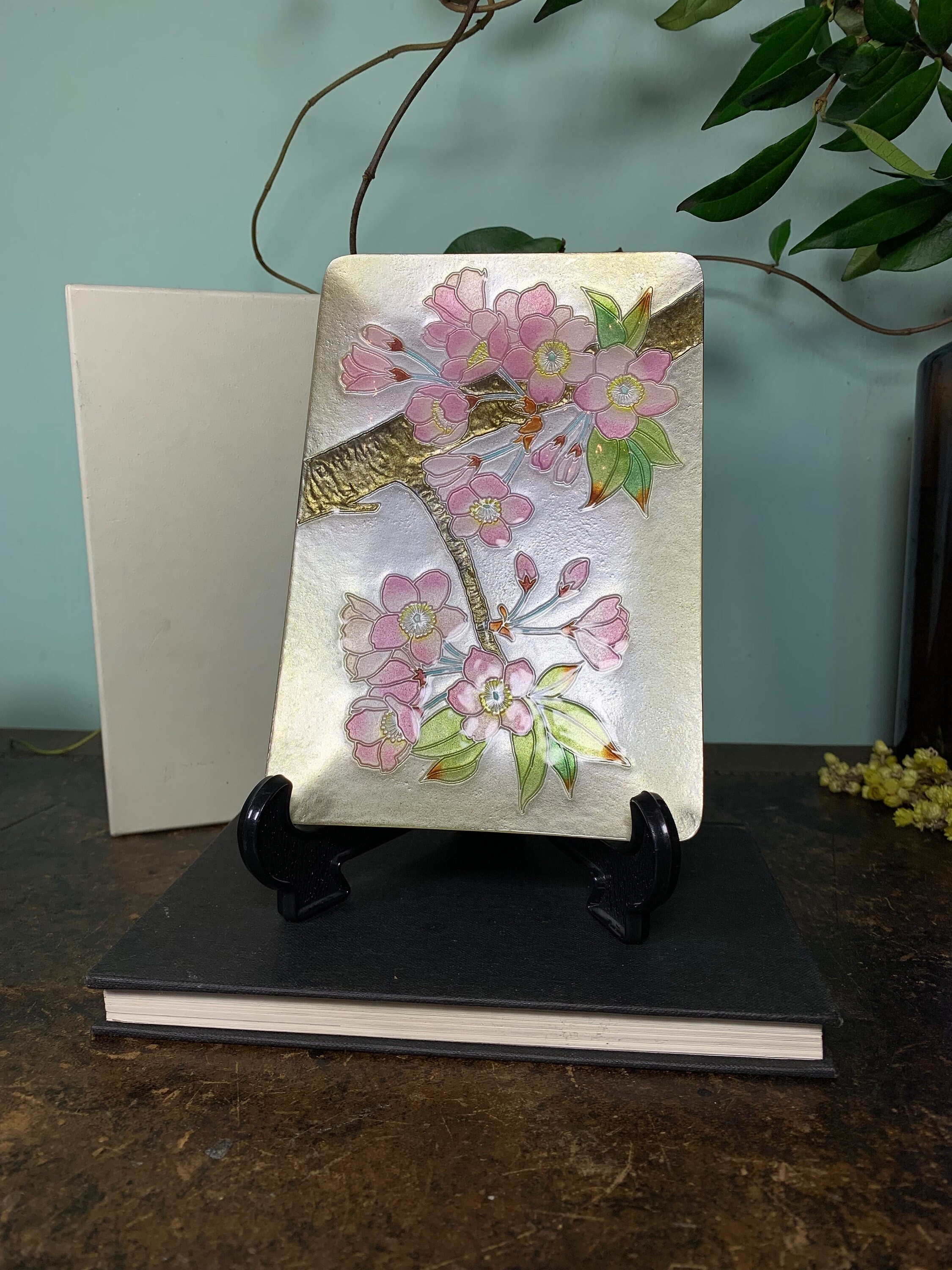 Japanese Ando Cloisonne Tray Cherry Blossoms Art Enamel on
