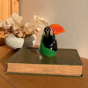 Art Glass Toucan Figurine with a Red Beak | Hand Blown Glass Paperweight | Collectible Glass Art